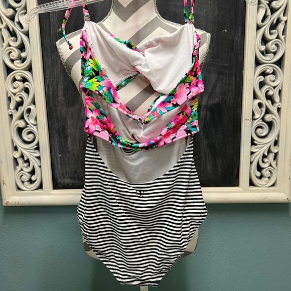 OP Pink Floral and Black Striped One Piece Swimsuit - Picture 4 of 9